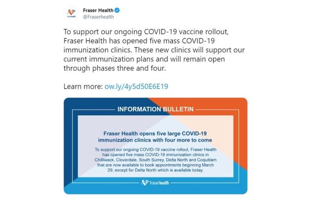 Fraser Health opens five large COVID-19 immunization clinics with four more to come - https://cdn.connectfm.ca/0F997DA2-B060-4BE9-BF1C-9238E0678AC6_Story1109465_1609010.jpg