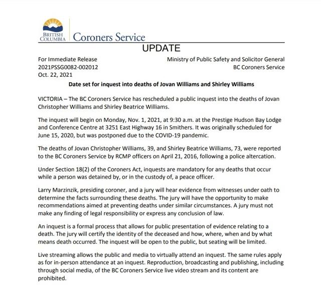 Date set for inquest into deaths of Jovan Williams and Shirley Williams - https://cdn.connectfm.ca/17606692-37DB-4EF7-80F3-7950EB69B9B0_Story1470081_2124766.jpg