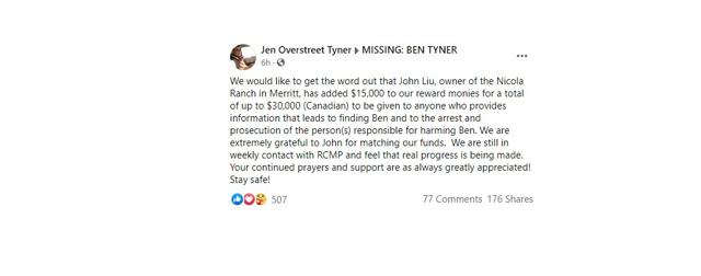 Family of Ben Tyner announces an increase in the size of the reward for information about him  - https://cdn.connectfm.ca/2A7588BD-7D47-420F-A0E3-8A446E90D7B5_Story1097782_1592006.jpg