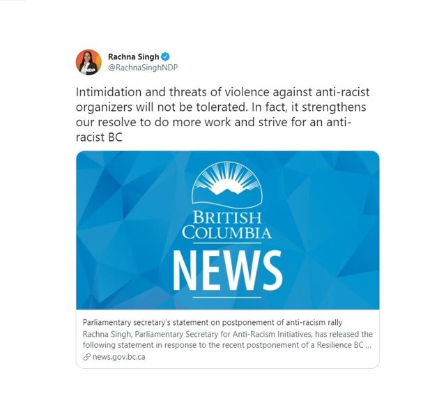 B.C. official condemns threats of violence against anti-racism rally organizers - https://cdn.connectfm.ca/3CB3E6D6-8140-4724-B7A3-B8D1B8C75882_Story1262555_1827610.jpg