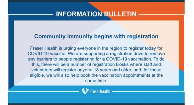 Fraser Health sets up registration kiosks where staff and volunteers will register anyone 18 years and older - https://cdn.connectfm.ca/582B18AE-1C7E-4B2E-95CE-6BA4B92DAD8E_Story1182045_1713680.jpg