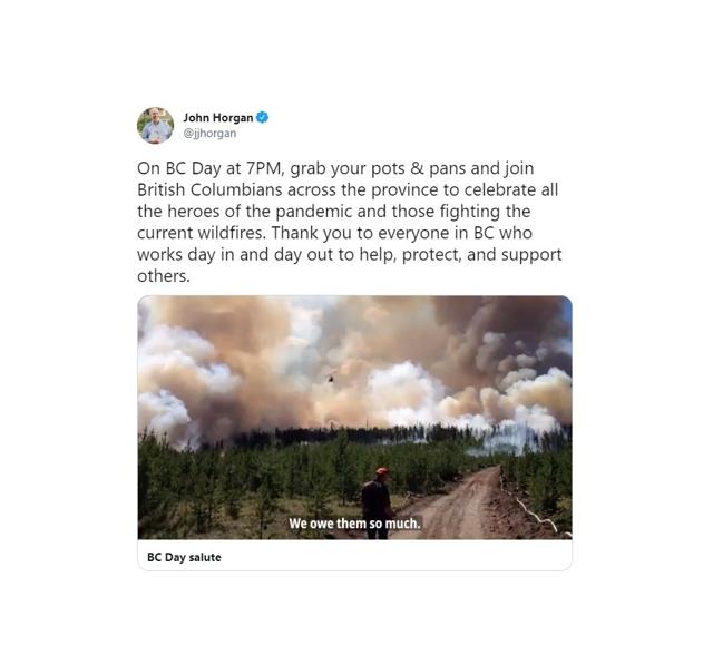 Premier Horgan wants British Columbians to mark BC Day with a 7 pm salute to front-line workers - https://cdn.connectfm.ca/5ADB5B98-EB4A-4B9D-A107-23A4AFC7653B_Story1328043_1919739.jpg