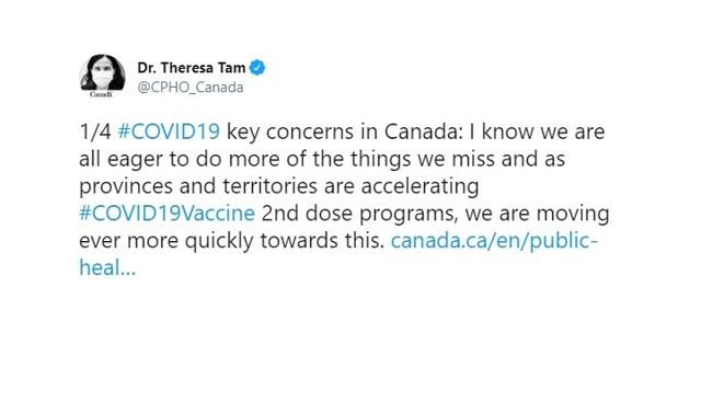 Dr. Tam looking to ensure Canada gets close to 75 per cent of eligible people vaccinated with both doses before border restrictions can be loosened - https://cdn.connectfm.ca/5AF8CA63-DA2C-4AB9-82AA-C3A58698A647_Story1240453_1796421.jpg