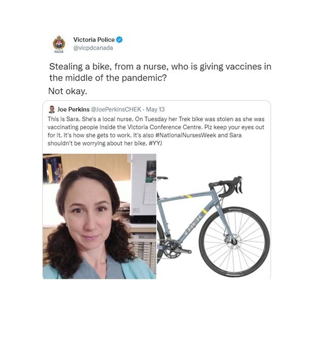 Police reunites a Victoria-area nurse with her bike - https://cdn.connectfm.ca/5EDB1B0D-8A30-466F-8910-1D555984B4F9_Story1195832_1733431.jpg