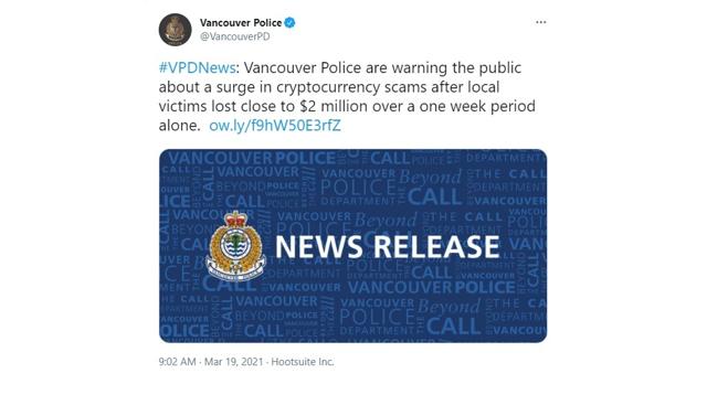 Victims lose $2M in cryptocurrency frauds, Vancouver police warn scams more frequent - https://cdn.connectfm.ca/6C8A6341-1F7B-425B-AF51-579FC3AC1651_Story1103491_1600087.jpg