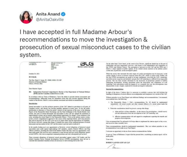 Investigation and prosecution of military related sexual misconduct and assault cases to move to civilian police: Anita Anand - https://cdn.connectfm.ca/6EC3F5B7-E277-4BC3-AC4C-22E7CF2A386E_Story1493932_2158523.jpg