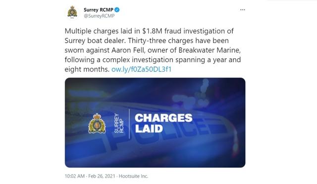 33 charges laid against a Surrey man alleged to have defrauded about 100 people of a total of $1.8 million - https://cdn.connectfm.ca/8B055B24-93F8-49C6-A2F2-8F7974A14279_Story1068289_1549212.jpg