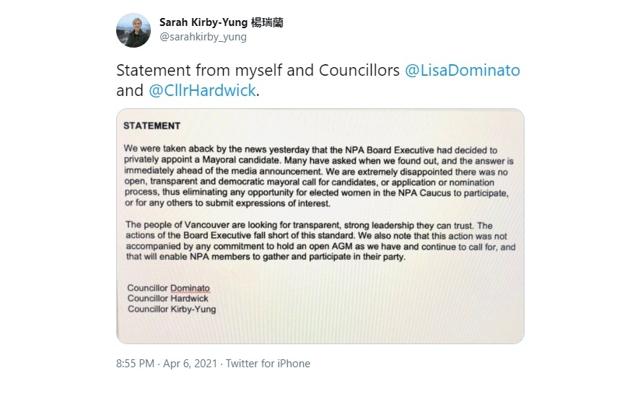Three Vancouver councillors dispute party's selection of 2022 mayoral candidate - https://cdn.connectfm.ca/AE28747F-598A-4679-AA81-A0C1AC0F47C4_Story1134480_1645339.jpg