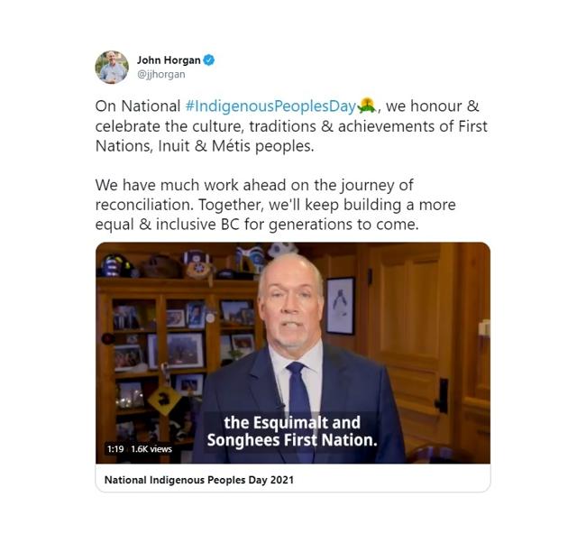 Horgan marks Indigenous Peoples Day by urging recognition of systemic racism - https://cdn.connectfm.ca/AECE6284-5C05-4D51-B9A4-568FF38476F8_Story1260786_1824726.jpg