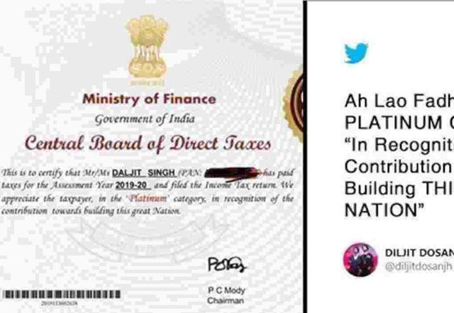 Diljit Dosanjh shares certificate from the Income Tax department - https://cdn.connectfm.ca/BC224094-ACE9-41EB-ACDC-5F9639C32387_Story982721_1423003.jpg
