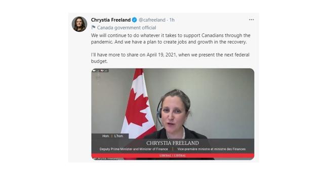 Liberals to unveil federal budget on April 19, Freeland says - https://cdn.connectfm.ca/BDFCD76E-E46C-4D2C-8589-F73B5F53FFBE_Story1109466_1609021.jpg