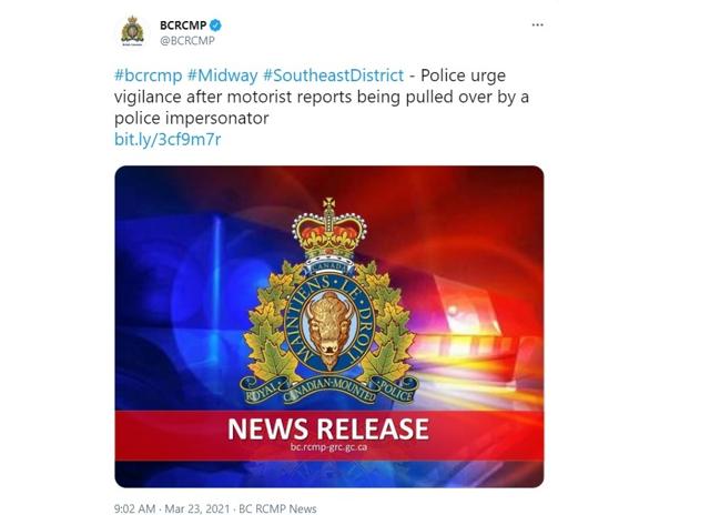 Drivers in southern B.C. warned of police impersonator after fake vehicle stop - https://cdn.connectfm.ca/BE6134F4-BC63-4BB2-92D1-3423A6F60FA6_Story1109463_1608535.jpg