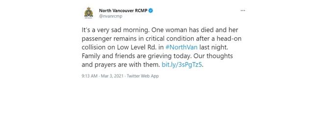 Woman killed, two hurt after vehicle crosses centre line in North Vancouver - https://cdn.connectfm.ca/C410B188-0E5F-45EE-93FB-22CA603BA2BD_Story1076031_1560819.jpg