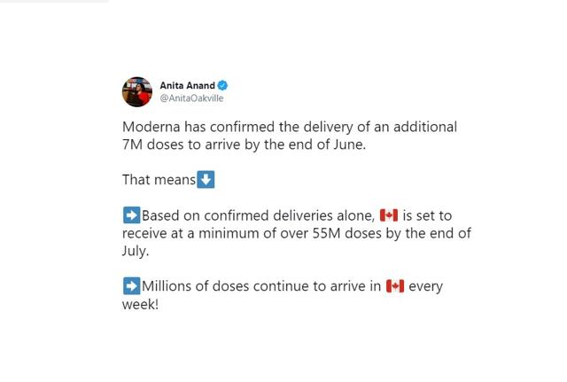 Confirmed deliveries of 55 million COVID-19 vaccine doses by July 31: Anita Anand - https://cdn.connectfm.ca/C4E4219B-6429-4ACE-9EC1-3432B618833F_Story1240452_1795701.jpg
