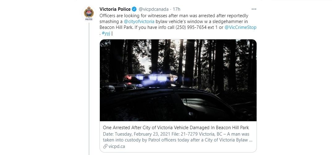 man-arrested-after-a-city-of-victoria-parks-vehicle-was-damaged-victoria-police