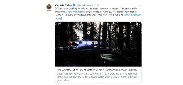 Man arrested after a City of Victoria Parks vehicle was damaged: Victoria Police - https://cdn.connectfm.ca/D97C2503-46E4-4E87-9D98-D078513A23D3_Story1064405_1543470.jpg