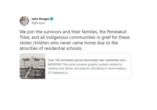 Government awaiting the direction of Penelakut Tribe and other BC First Nations before acting on the recent discoveries of unmarked graves: Premier Horgan - https://cdn.connectfm.ca/E365D18A-96F2-48EA-843B-9F234E3619F4_Story1298591_1878257.jpg