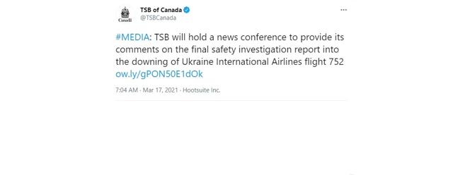 TSB to provide its comments on the final safety investigation report into the downing of Ukraine International Airlines flight 752 - https://cdn.connectfm.ca/E67A3C15-D608-454C-85FA-A1DB6D35227D_Story1099606_1594304.jpg