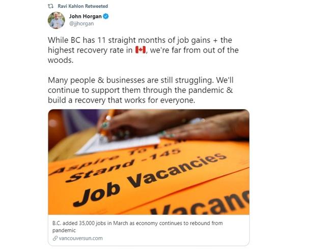 Latest unemployment numbers show more people are working now in the province than before the pandemic hit: Ravi Kahlon - https://cdn.connectfm.ca/E9D2E557-8173-4419-B85A-62DF27C7147A_Story1138309_1650945.jpg