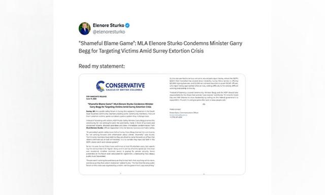 “Shameful Blame Game”: MLA Elenore Sturko Condemns Minister Garry Begg for Targeting Victims Amid Surrey Extortion Crisis - https://cdn.connectfm.ca/Elenore-Sturko_2025-06-17-175916_xgmk.jpg