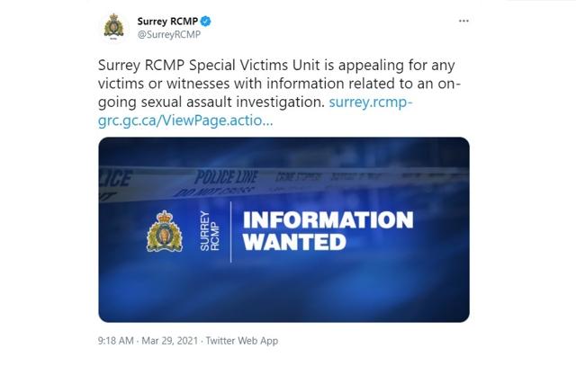 Surrey RCMP Special Victims Unit seeks information in sexual assault investigation - https://cdn.connectfm.ca/FAF465D4-34B8-4E6E-8577-92A6255868F0_Story1119467_1623562.jpg