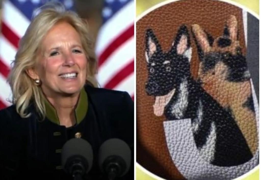 jill-bidens-custom-made-bag-features-hand-painted-portraits-of-her-dogs