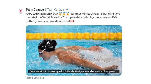 Summer McIntosh gets third gold medal at the World Swimming Championships - https://cdn.connectfm.ca/Team-Canada-Summer-McIntosh-X.jpg