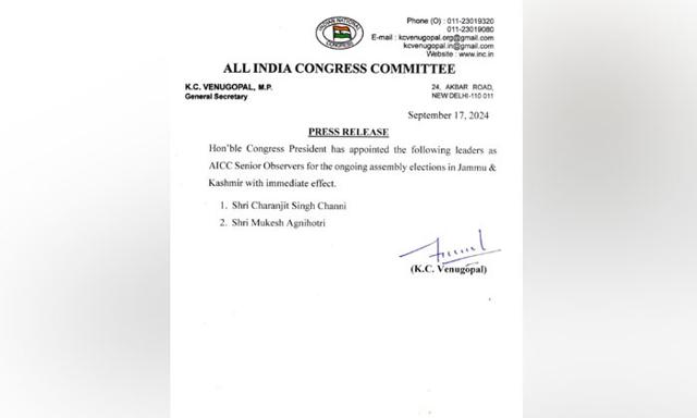 Congress appointed Charanjit Channi and Mukesh Agnihotri as observers for the Jammu and Kashmir elections - https://cdn.connectfm.ca/absever.jpg