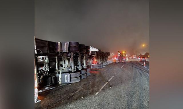Grain-Laden Semi-Truck Overturns on Highway 1 in Abbotsford, Causing Major Traffic Delays - https://cdn.connectfm.ca/truck_2026-10-08-132626_yfyl.jpg