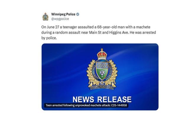 Teen arrested after unprovoked machete attack - https://cdn.connectfm.ca/winnipeg-police.jpg